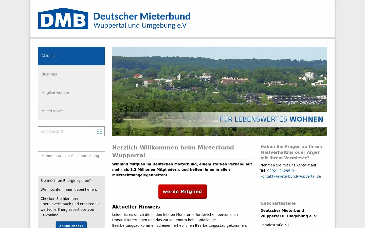Screenshot of mieterverein-wuppertal.de