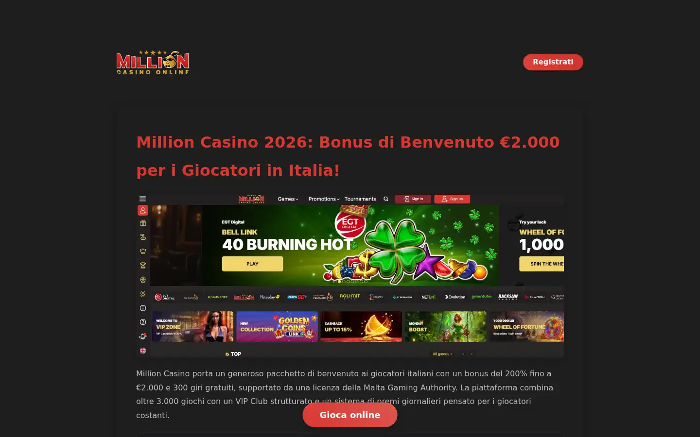 Screenshot of millioncasino.it