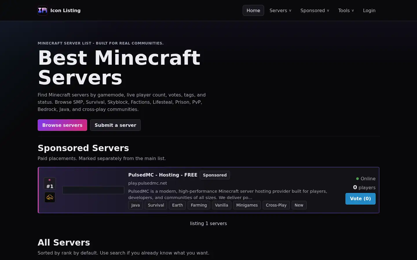Screenshot of minecraft-listing.iconrealms.net