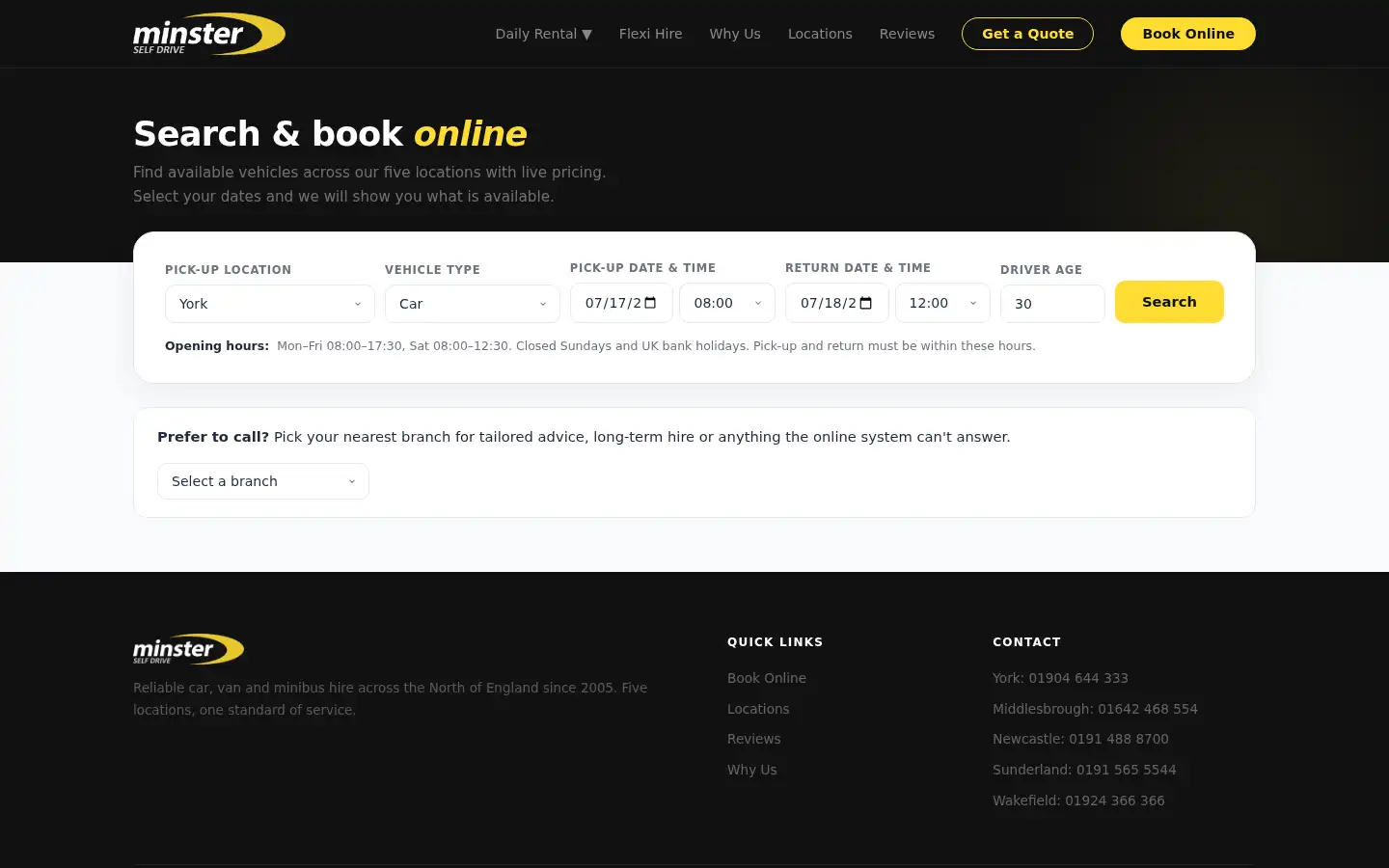 Screenshot of minsterselfdrive.co.uk