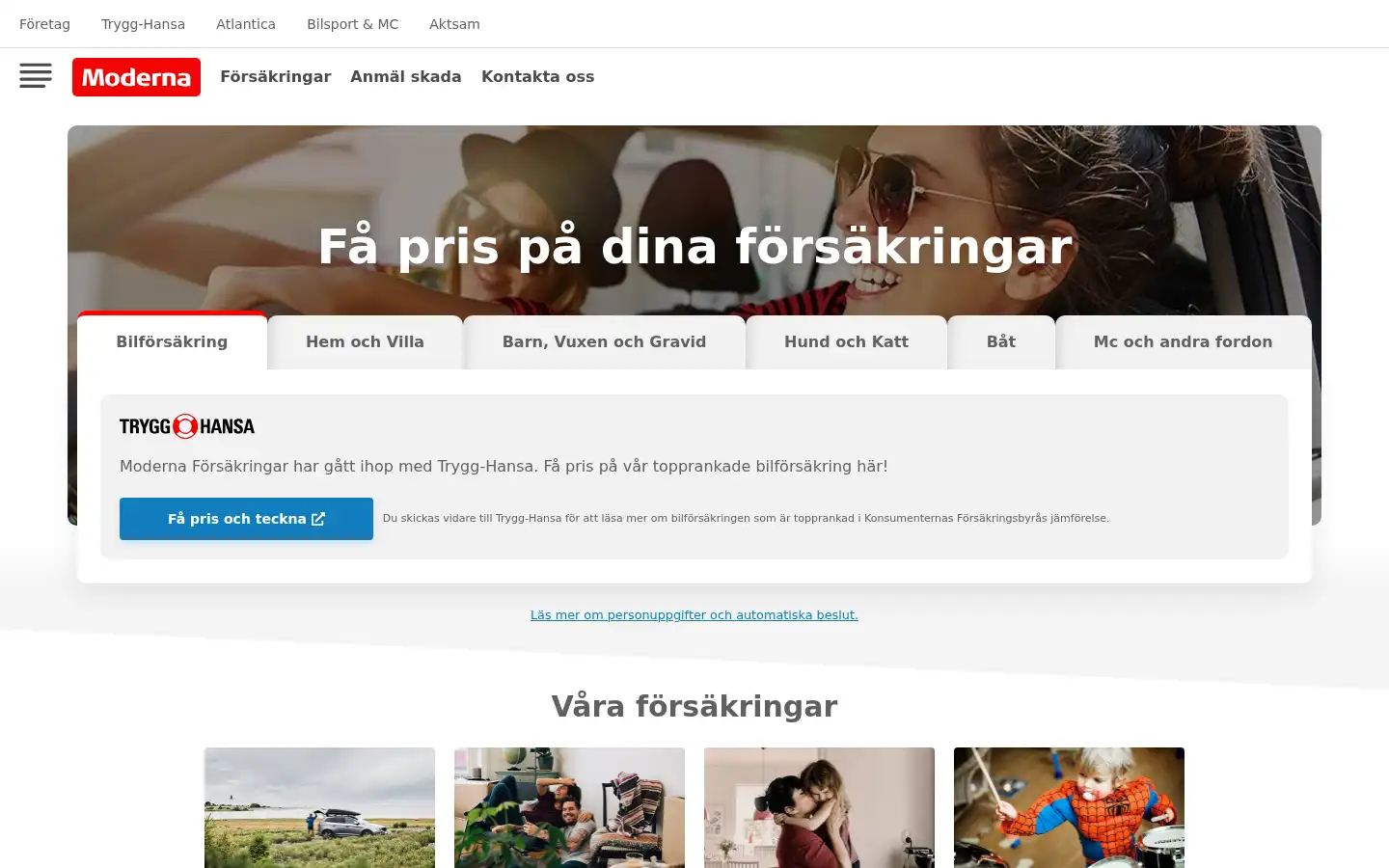 Screenshot of modernaforsakringar.se