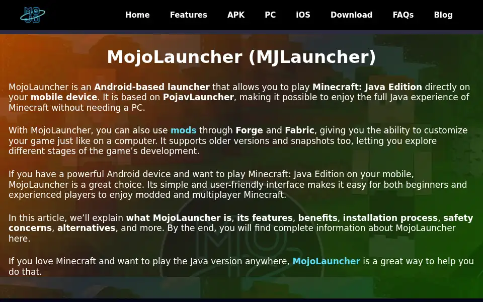 Screenshot of mojolauncher.com