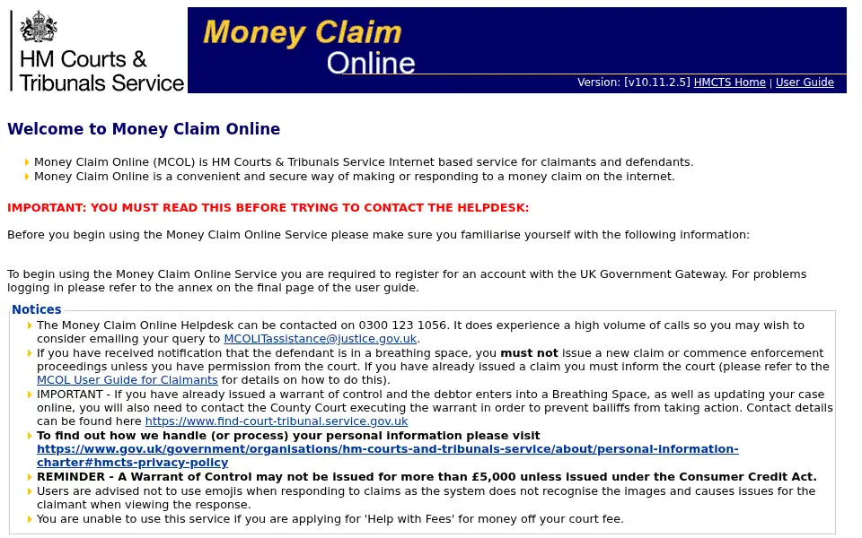 Screenshot of moneyclaim.gov.uk