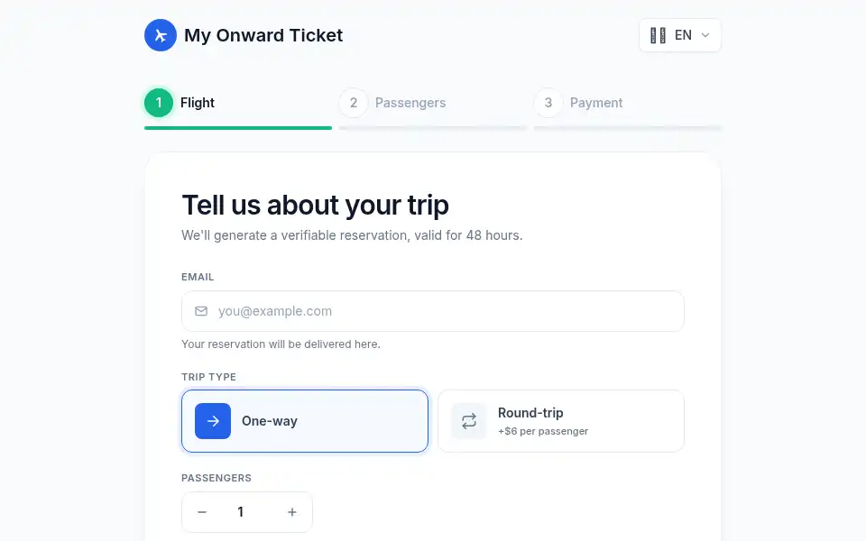 Screenshot of my-onward-ticket.com