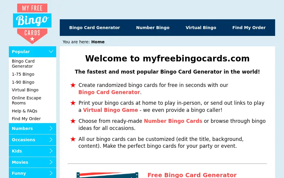 Screenshot of myfreebingocards.com