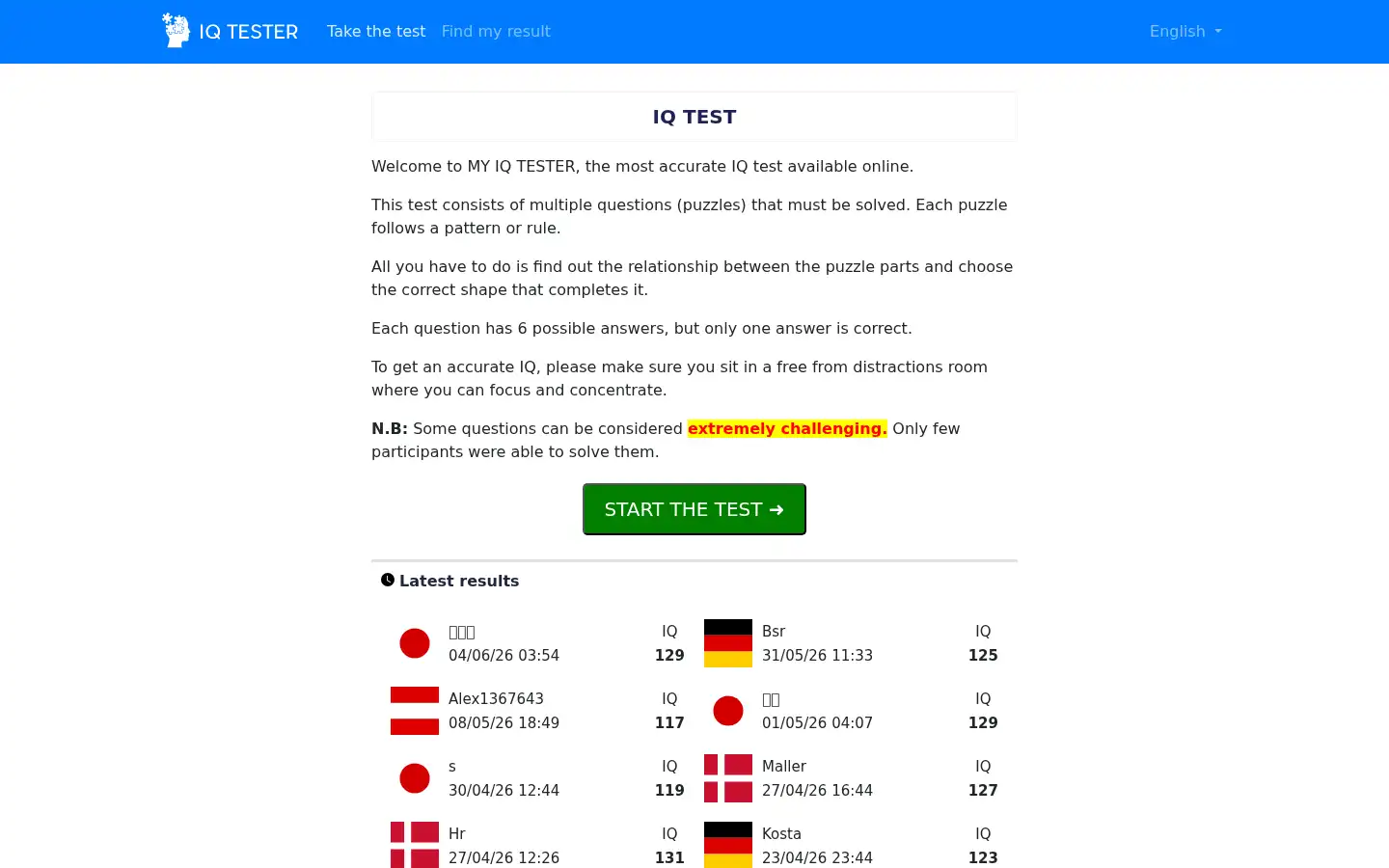 Screenshot of myiqtester.com