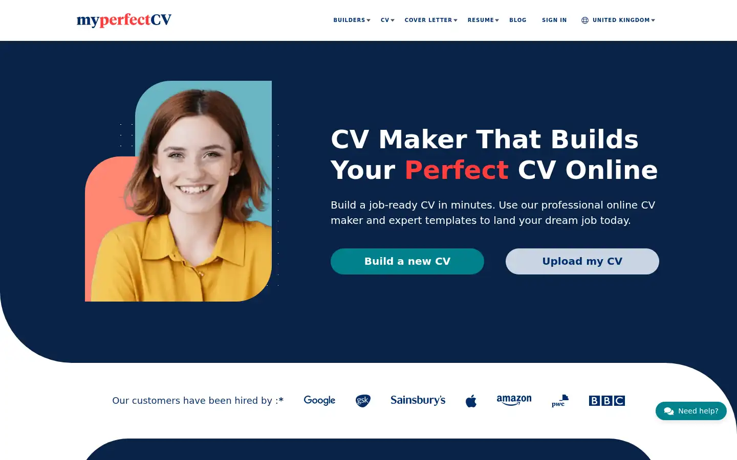 Screenshot of myperfectcv.co.uk