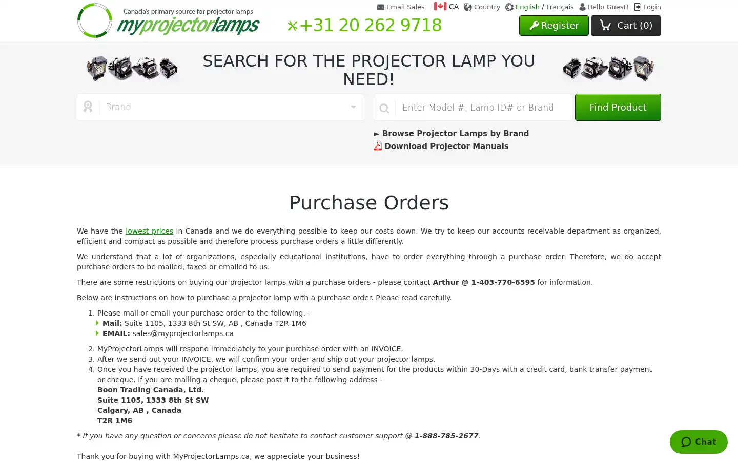 Screenshot of myprojectorlamps.ca