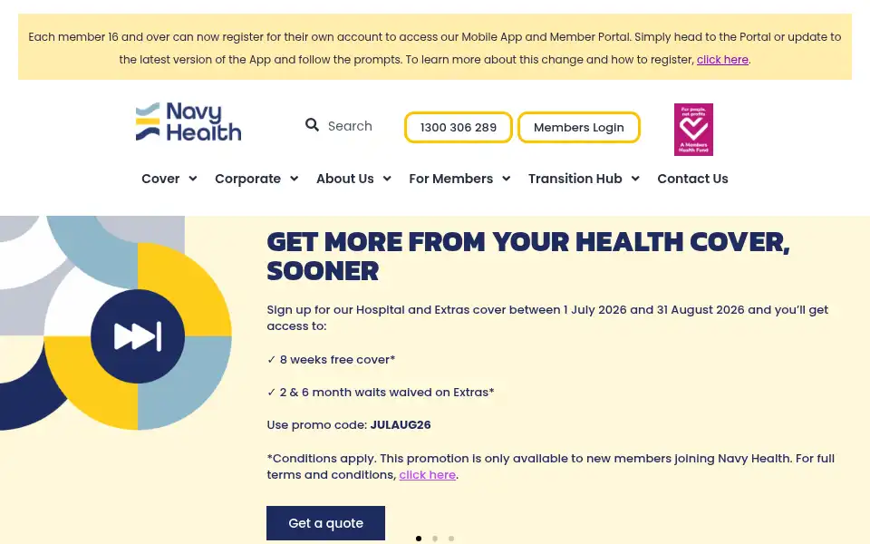 Screenshot of navyhealth.com.au