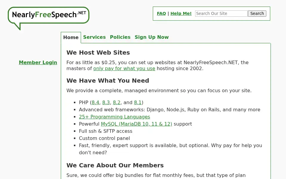 Screenshot of nearlyfreespeech.net