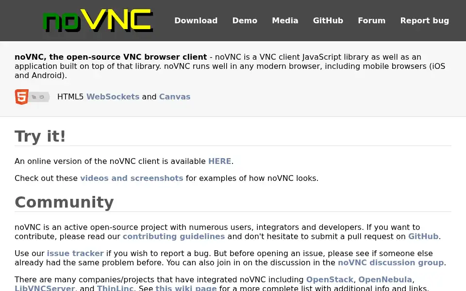 Screenshot of novnc.com