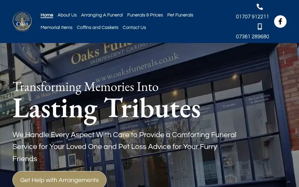 Screenshot of oaksfunerals.co.uk