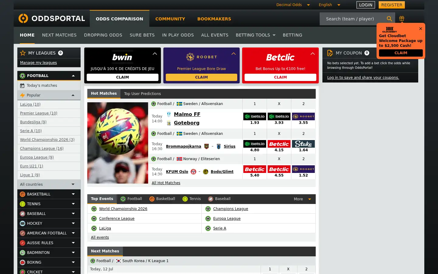 Screenshot of oddsportal.com
