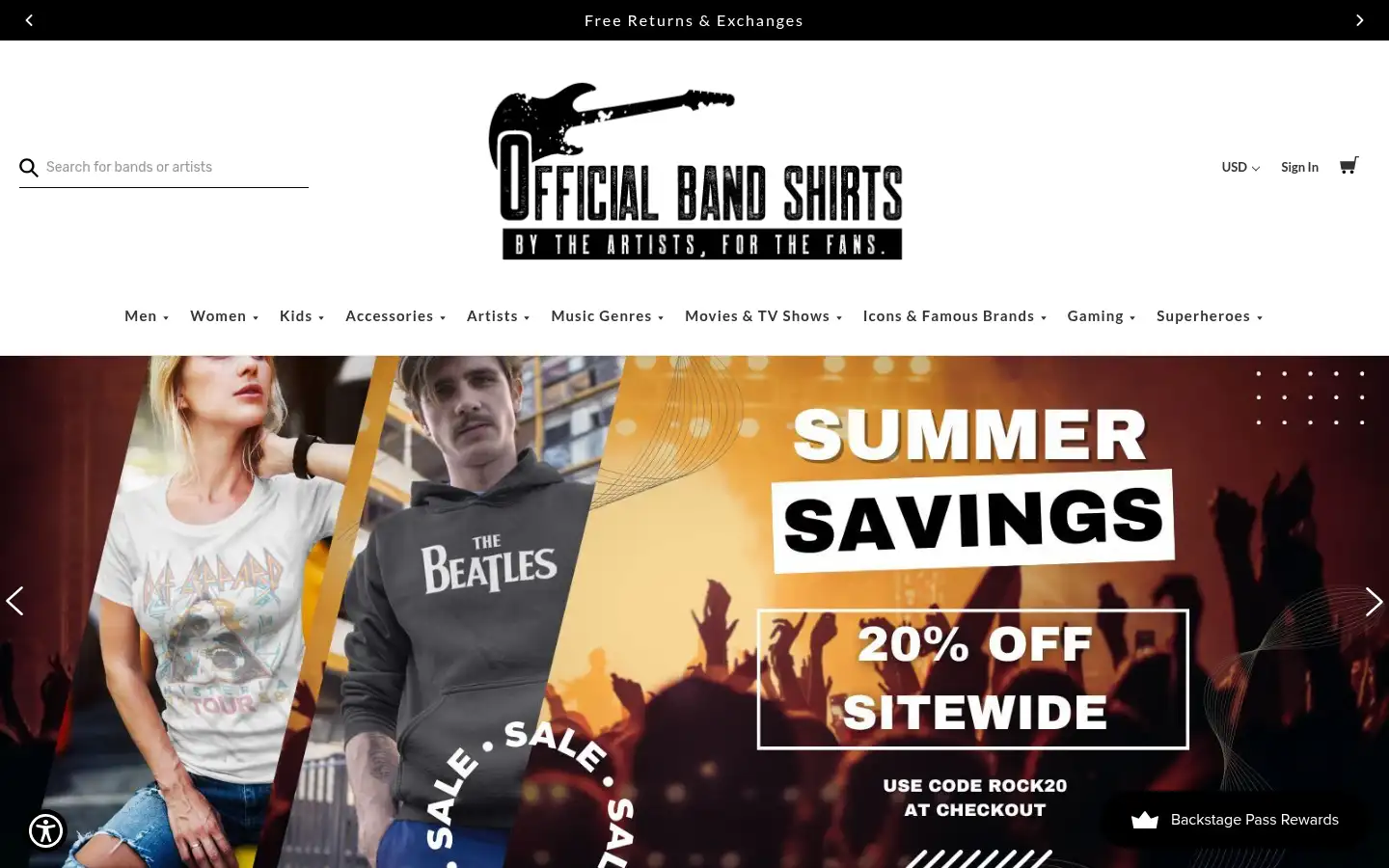Screenshot of officialbandshirts.com