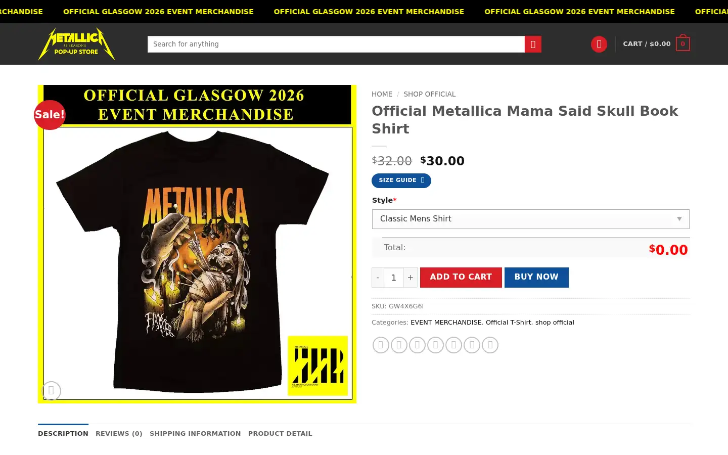 Screenshot of officialmetallicaglasgowpopupstore.com