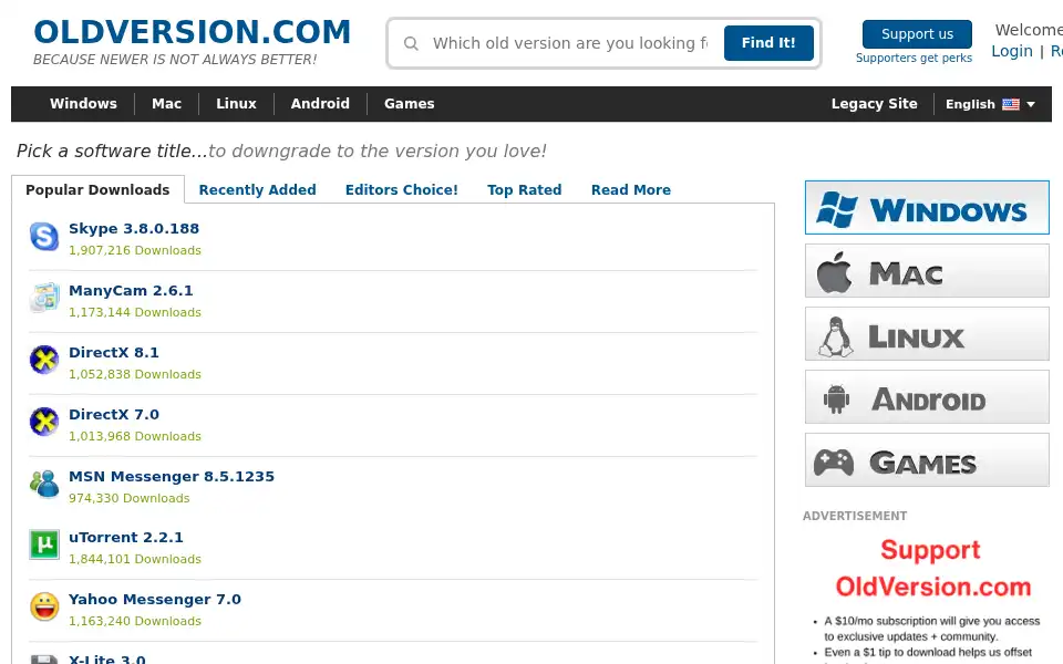 Screenshot of oldversion.com