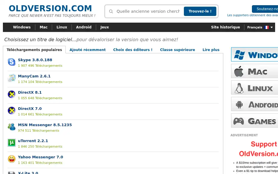 Screenshot of oldversion.fr
