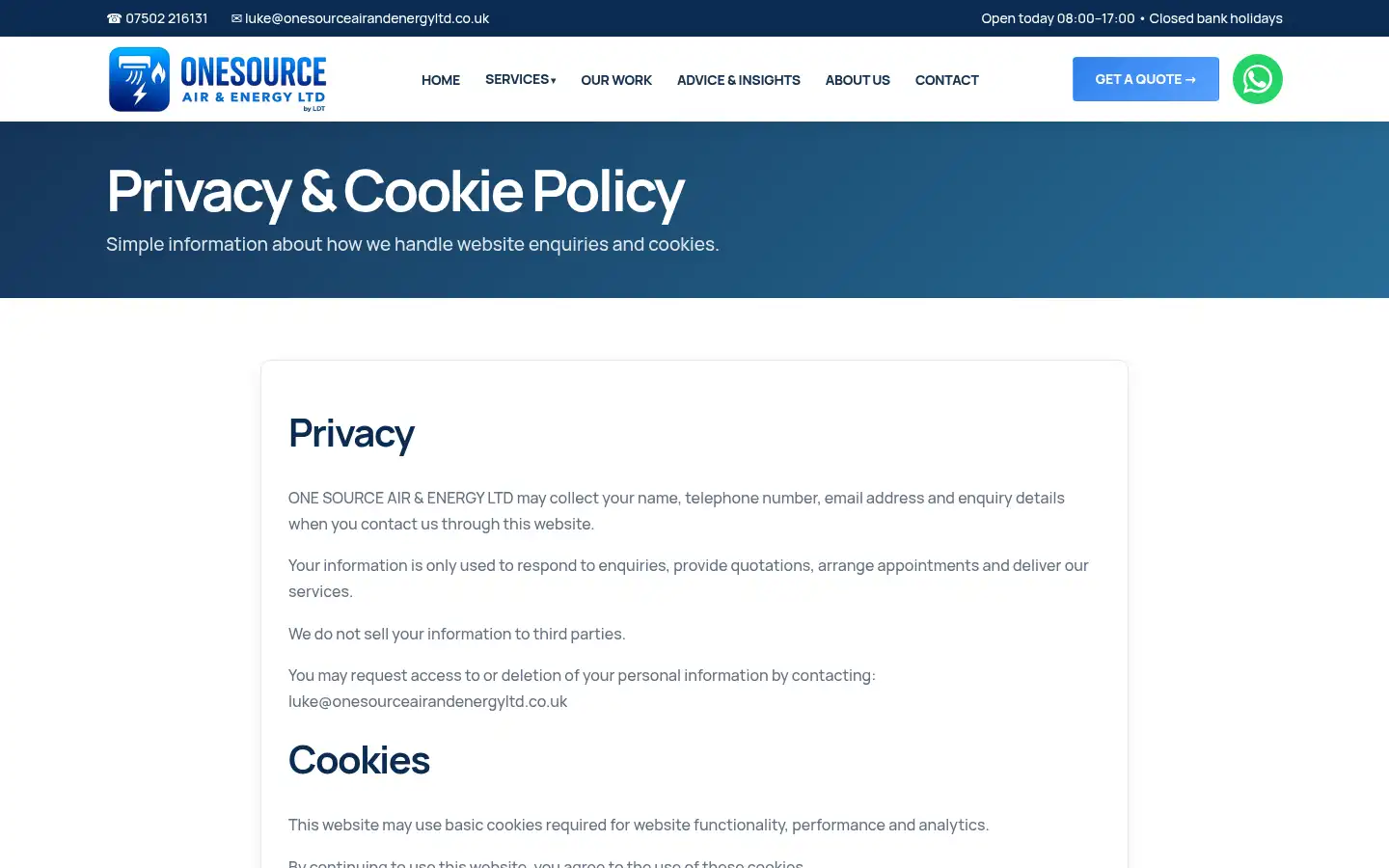 Screenshot of onesourceairandenergyltd.co.uk
