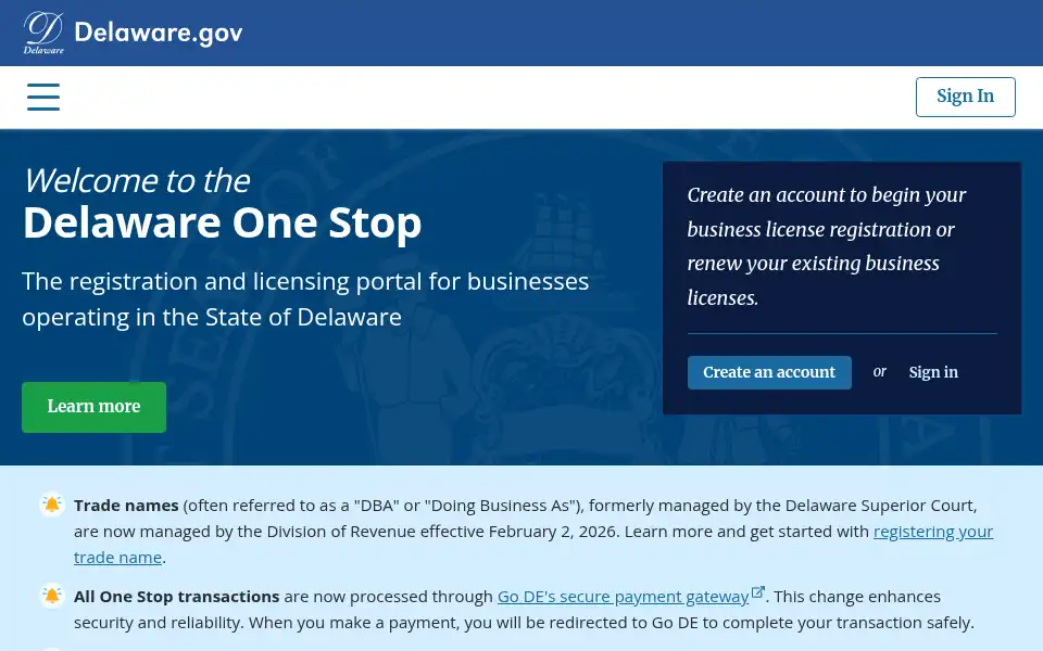 Screenshot of onestop.delaware.gov