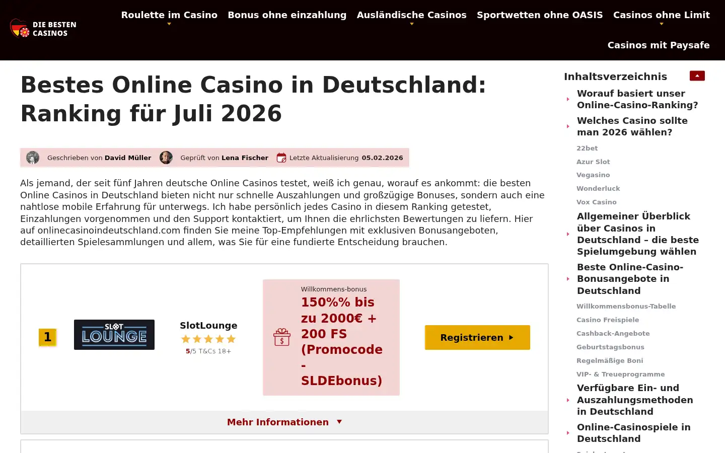 Screenshot of onlinecasinoindeutschland.com