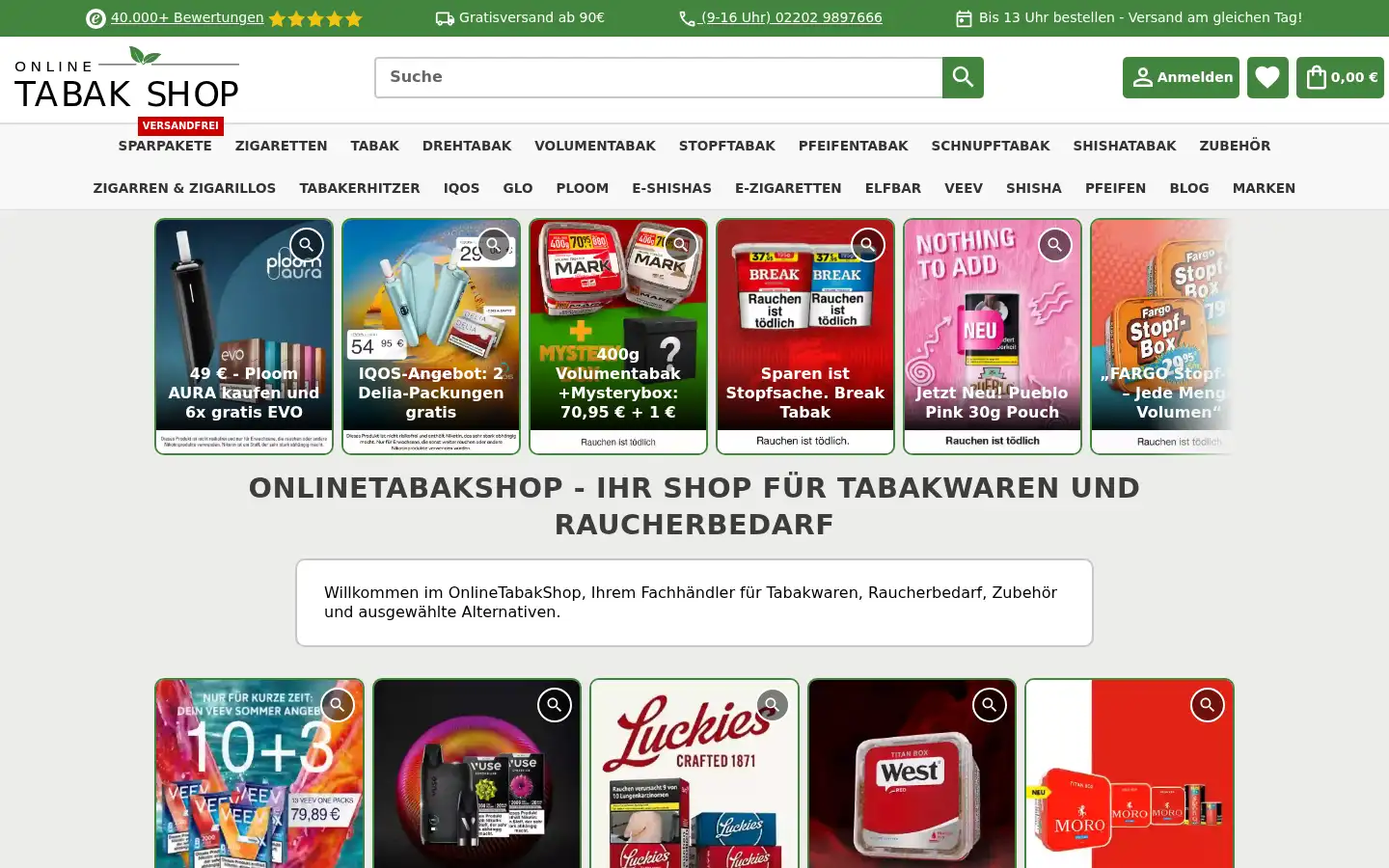 Screenshot of onlinetabakshop.de