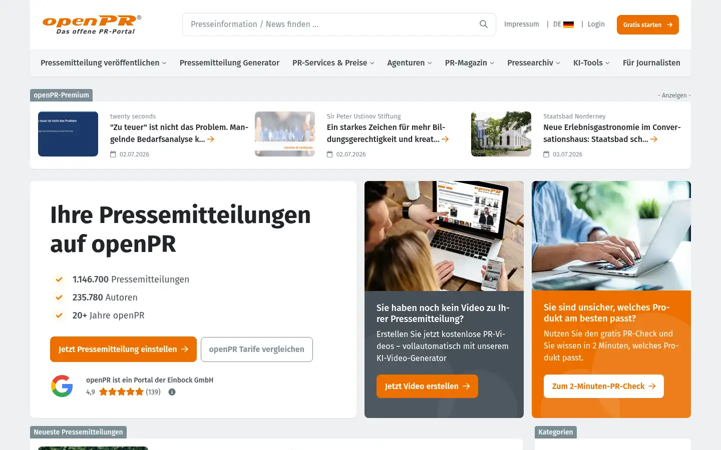 Screenshot of openpr.de