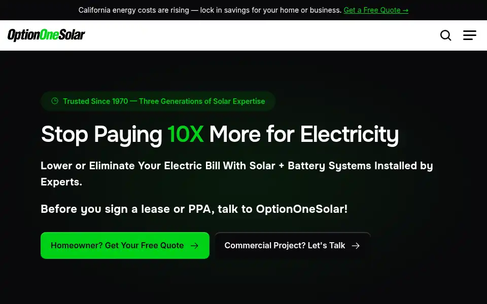 Screenshot of optiononesolar.com
