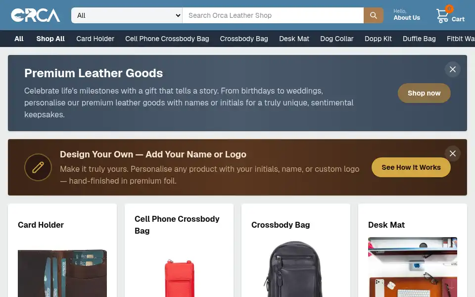 Screenshot of orcaleathershop.com