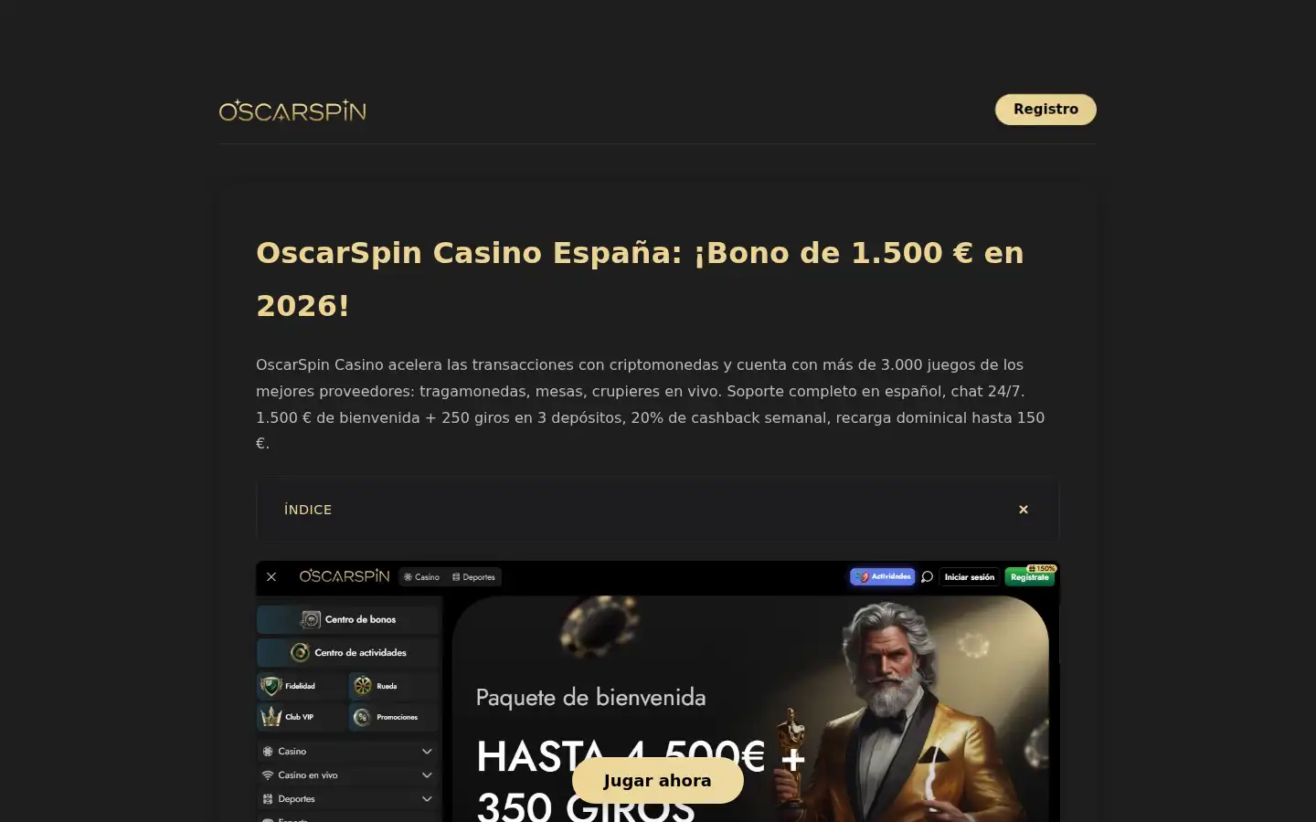 Screenshot of oscarspincasino.com.es