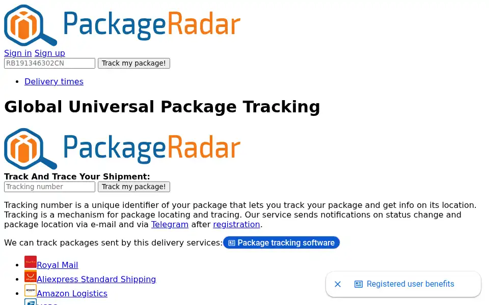 Screenshot of packageradar.com
