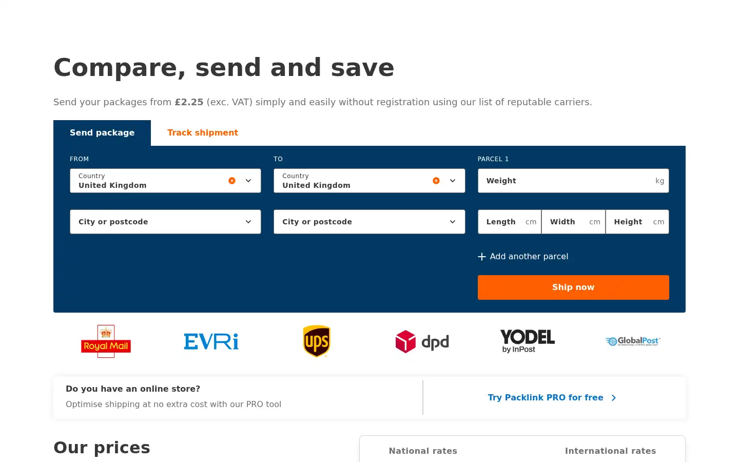 Screenshot of packlink.com