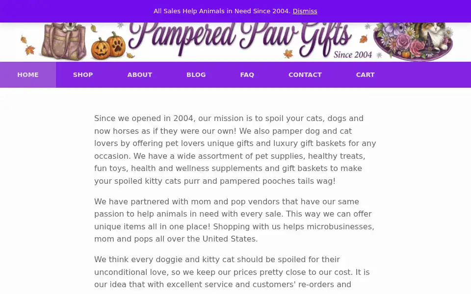 Screenshot of pamperedpawgifts.com