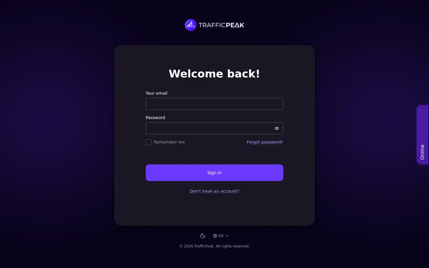 Screenshot of panel.trafficpeak.io