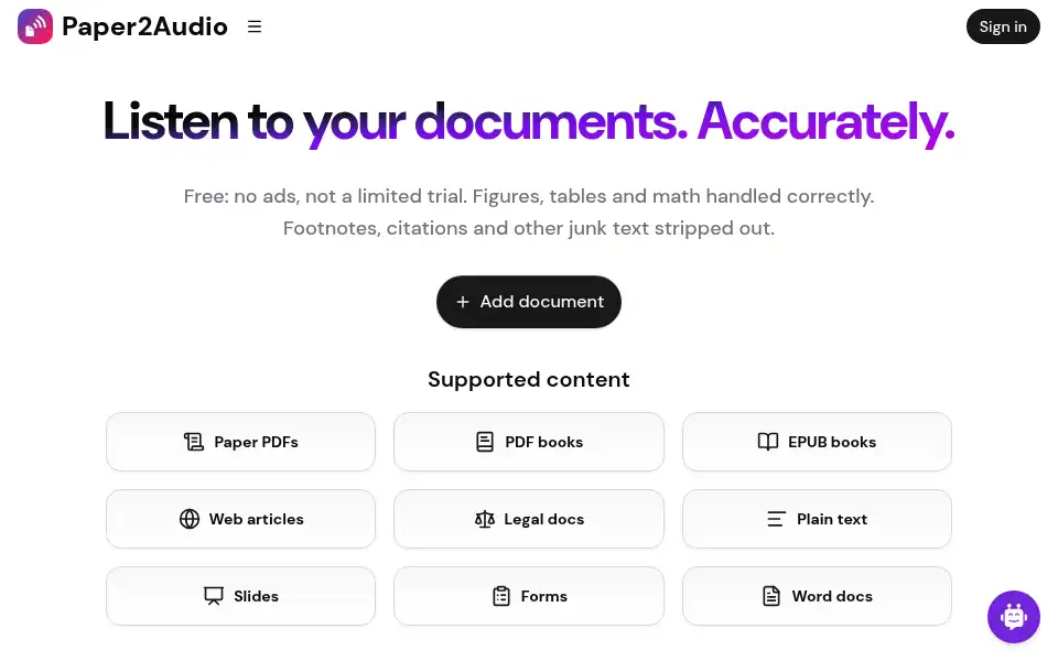 Screenshot of paper2audio.com