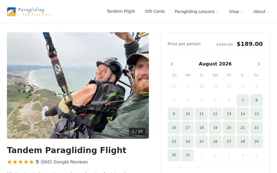 Screenshot of paraglidingsanfrancisco.com
