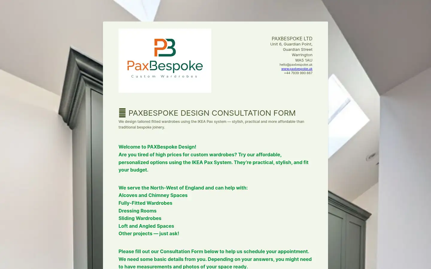 Screenshot of paxbespoke.uk