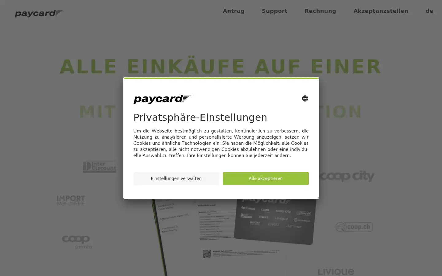 Screenshot of paycard.ch