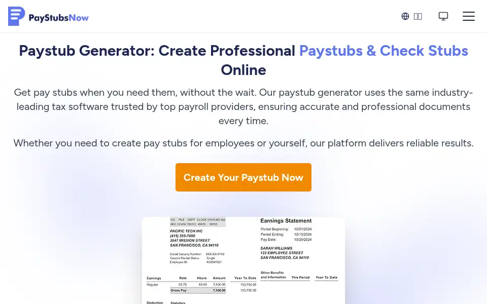 Screenshot of paystubsnow.com