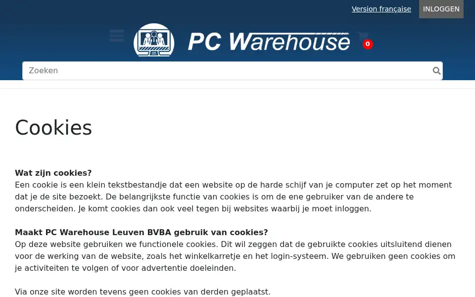 Screenshot of pcwarehouse.be