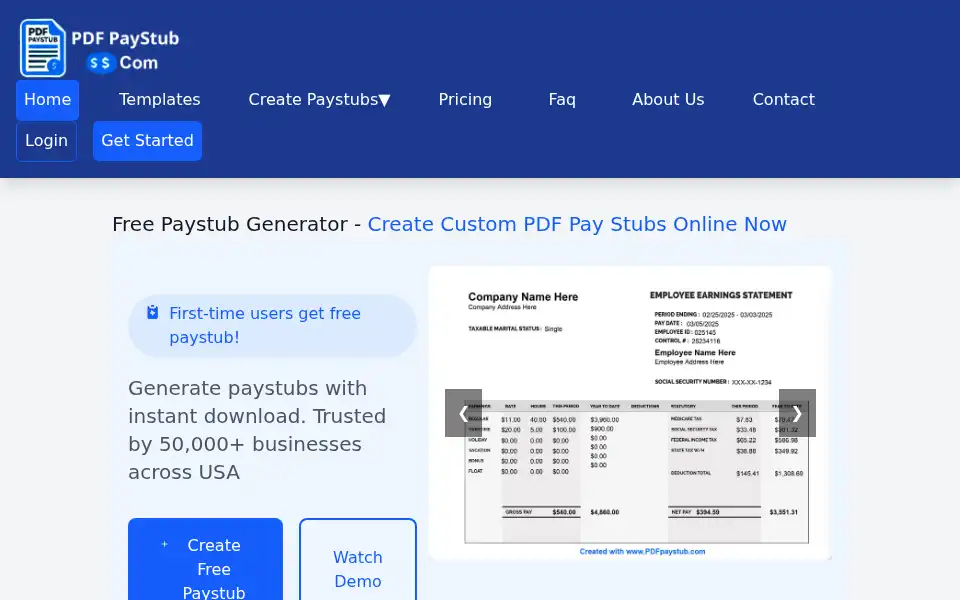Screenshot of pdfpaystub.com