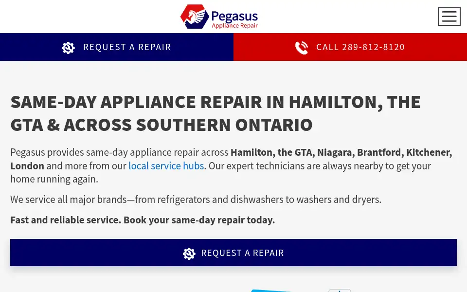 Screenshot of pegasusappliancerepair.ca