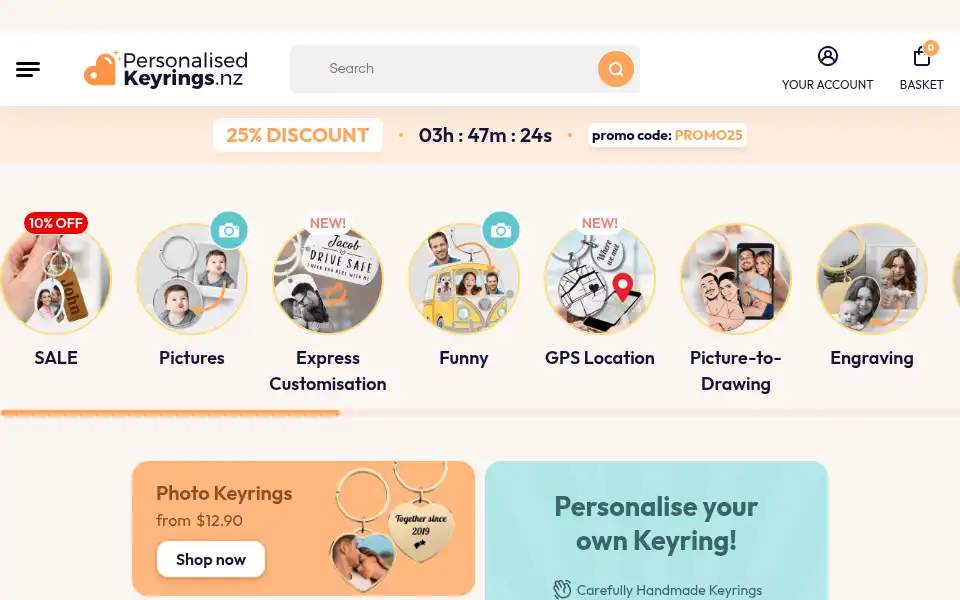 Screenshot of personalisedkeyrings.nz