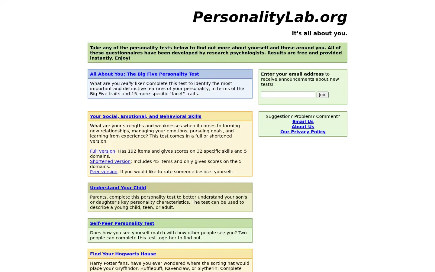 Screenshot of personalitylab.org