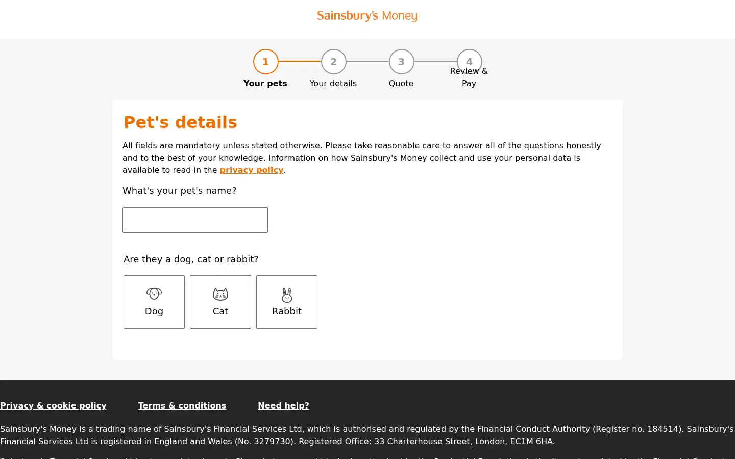 Screenshot of petinsurance.sainsburysbank.co.uk