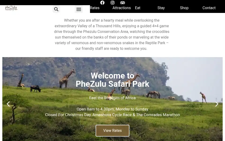 Screenshot of phezulusafaripark.co.za