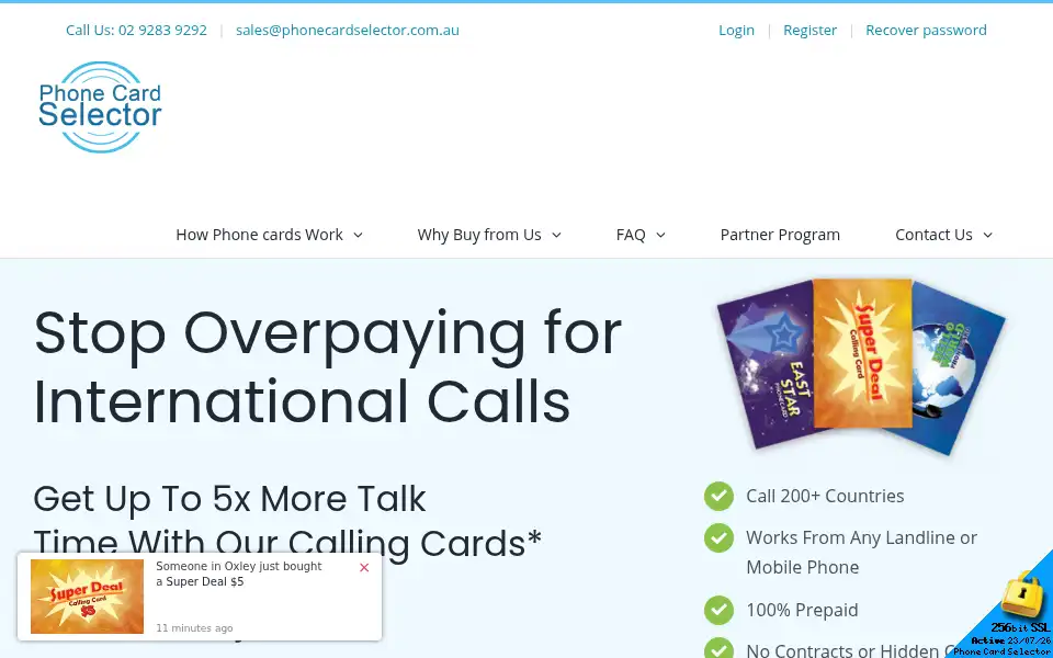 Screenshot of phonecardselector.com.au