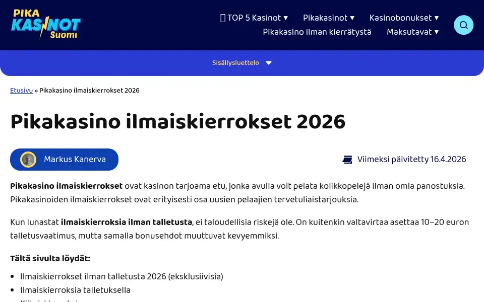 Screenshot of pikakasinotsuomi.com