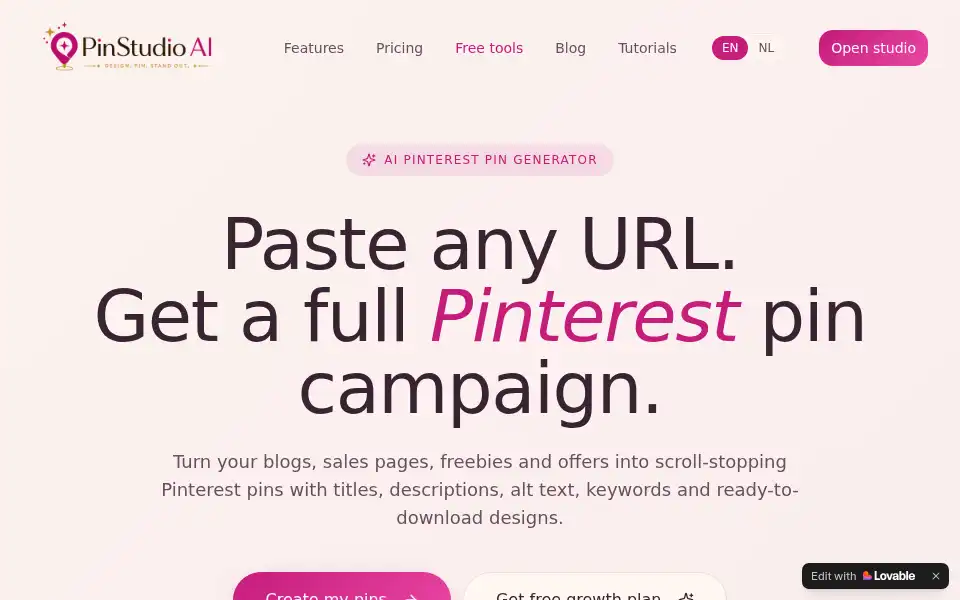 Screenshot of pinstudio-ai.com
