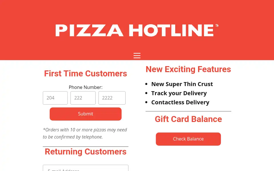 Screenshot of pizzahotline.ca
