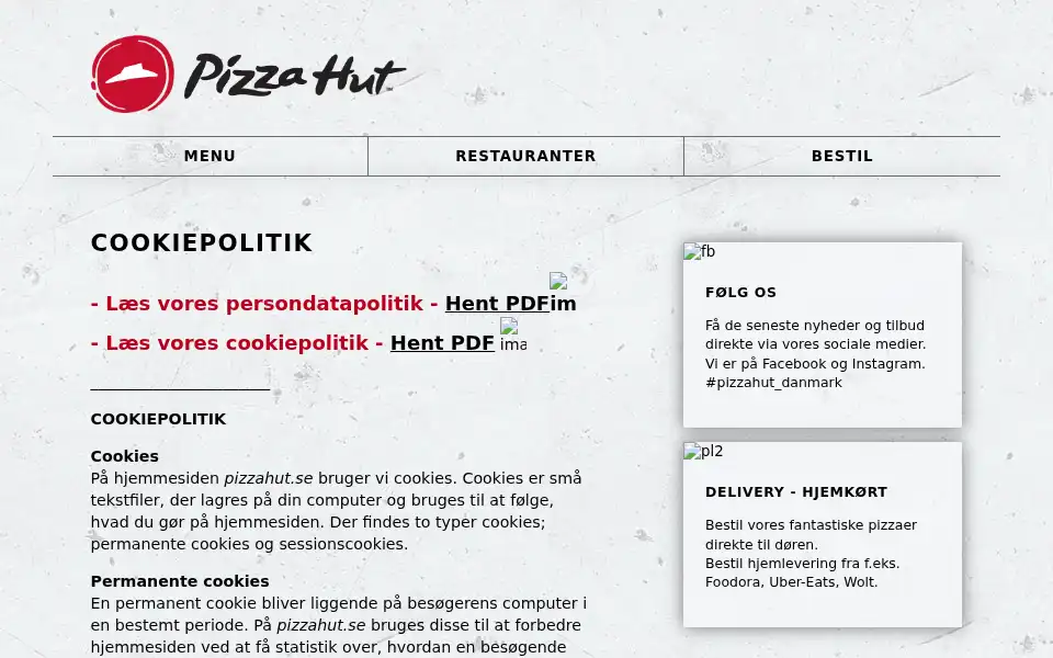 Screenshot of pizzahut.dk